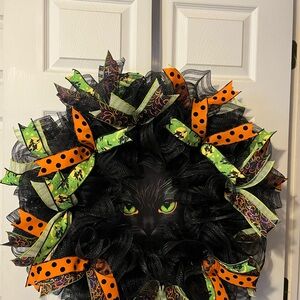 Halloween Black Cat Wreath with Orange and Green Accents
